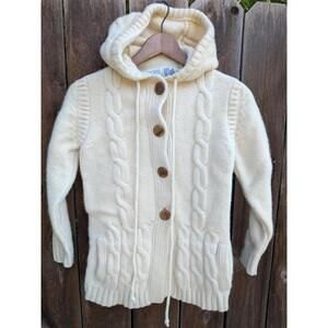 PQS Women's Size M 100% Virgin Wool Cream Cable Knit Hooded Button-Up Sweater